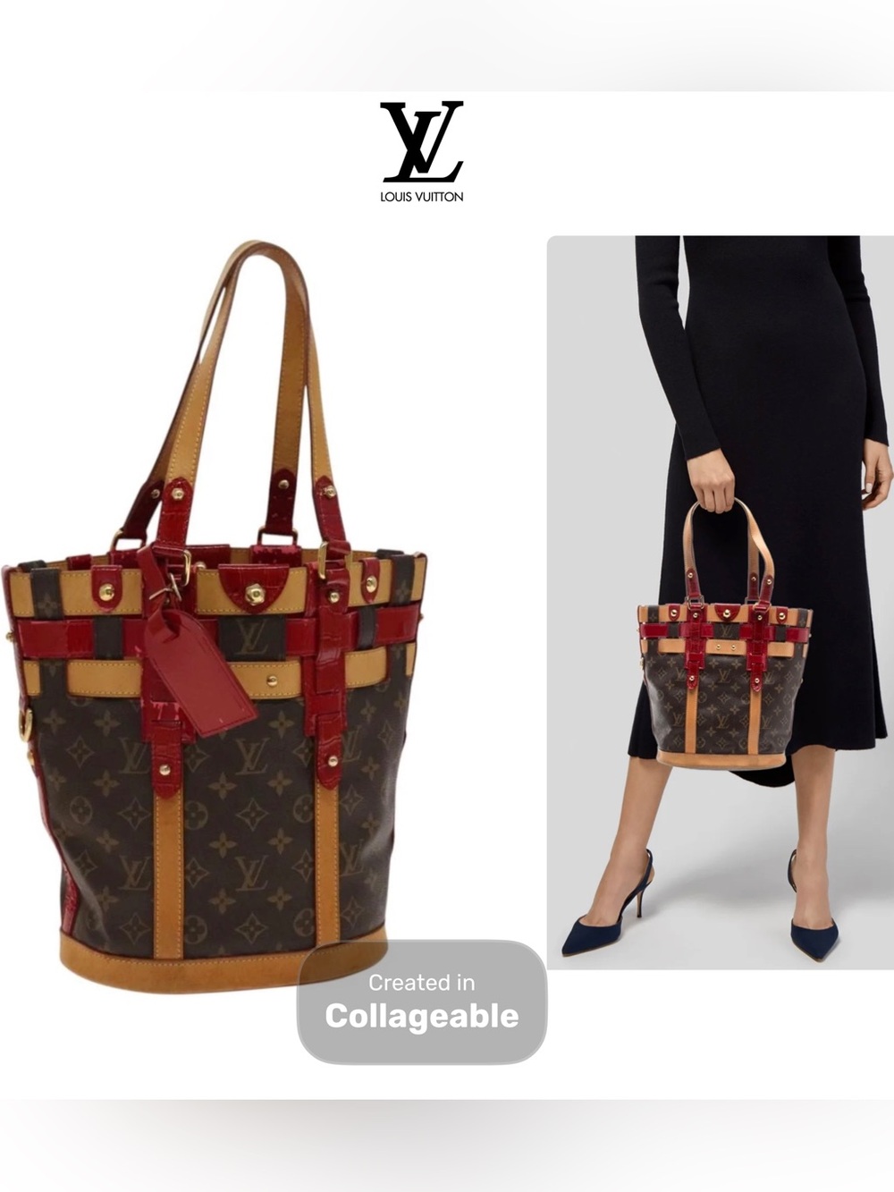 👜 LOUIS VUITTON Ruby Neo Bucket Tote Monogram Authentic Brown Red Shoulder Bag